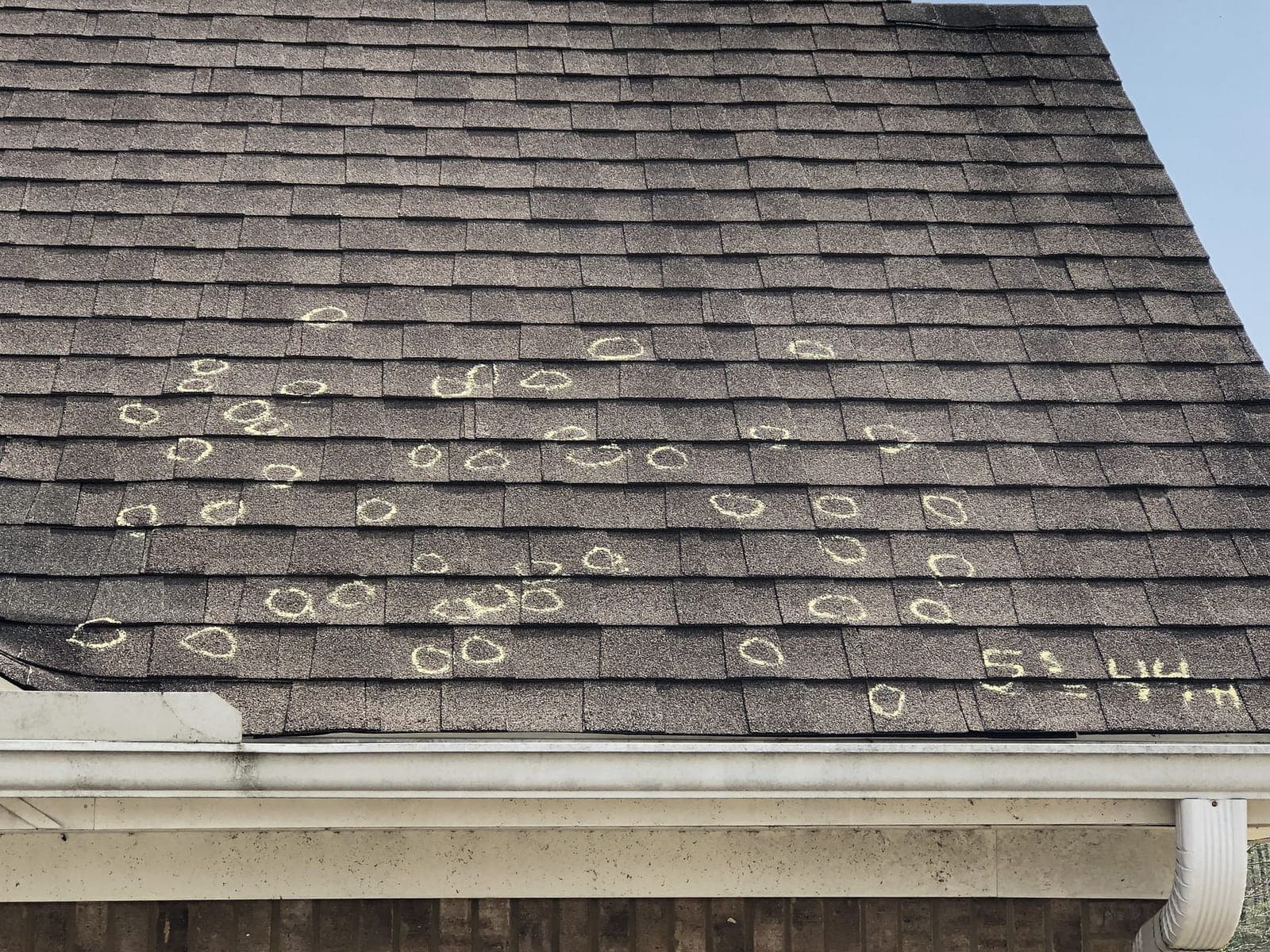 Roof slope with dozens of chalk-circled hail strikes and the inspector's tally of 44 hits in a five-foot section